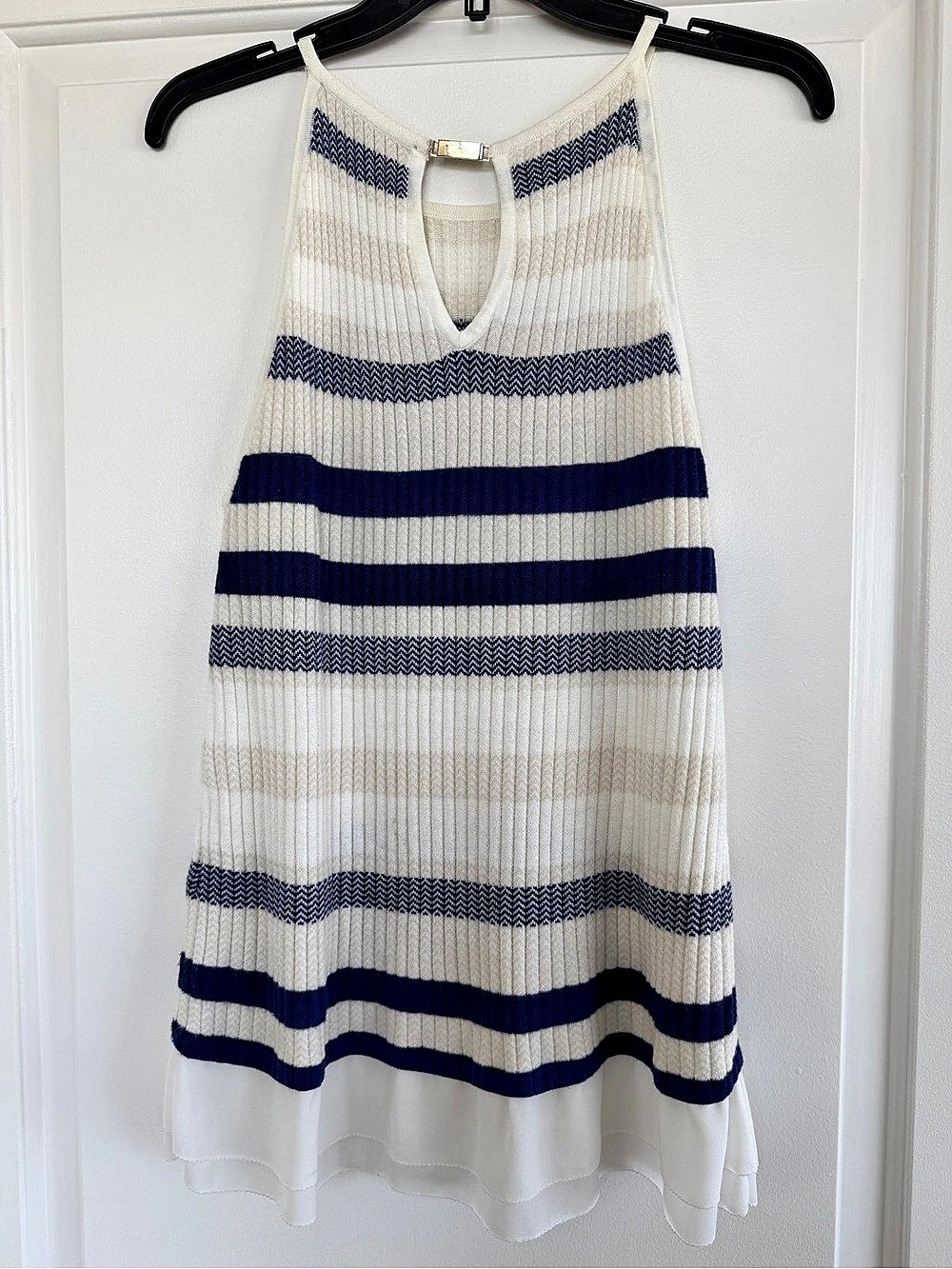 White House Black Market Metallic Knit Halter Tunic Tank White & Blue Size Mediu